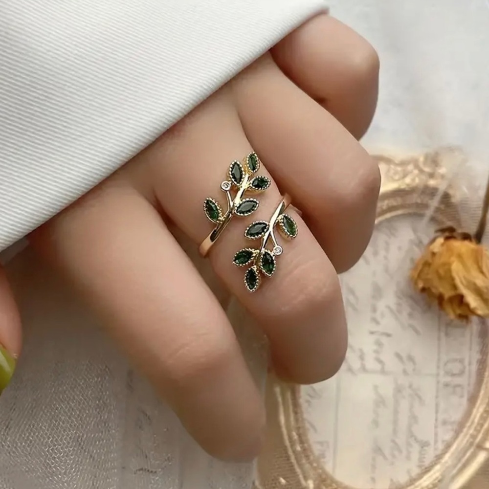 Gold Plated Adjustable Ring, Green Leaves